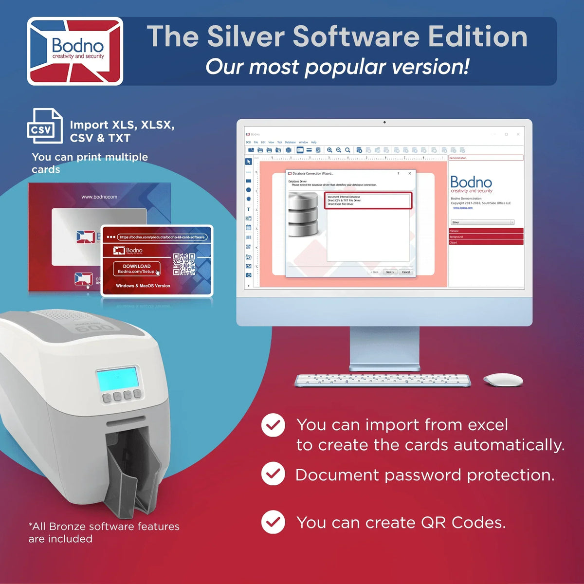 ID card printer with Silver software for Excel import, QR codes & password protection