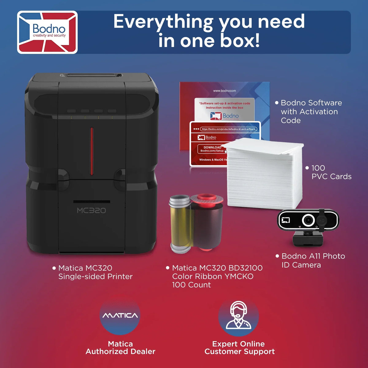 Matica MC320 ID card printer kit with software, PVC cards, color ribbon, and photo camera for business ID solutions