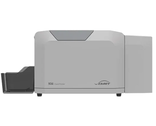 Seaory S28 card printer for ID badges, compact design with output tray, ideal for businesses and schools