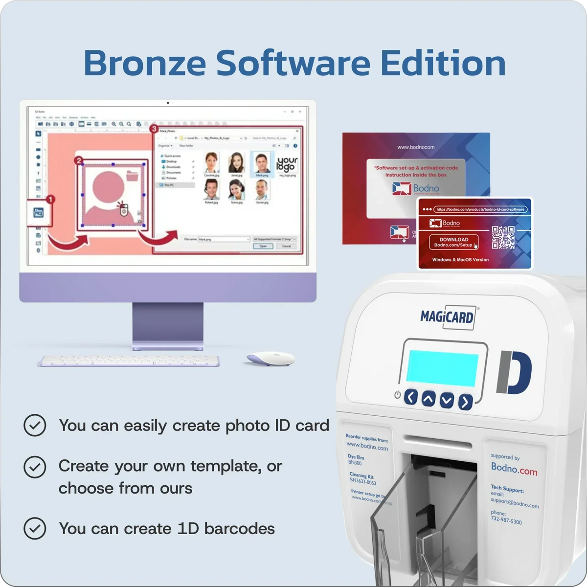 Magicard ID card printer with Bronze Software Edition for creating photo ID cards, templates, and 1D barcodes