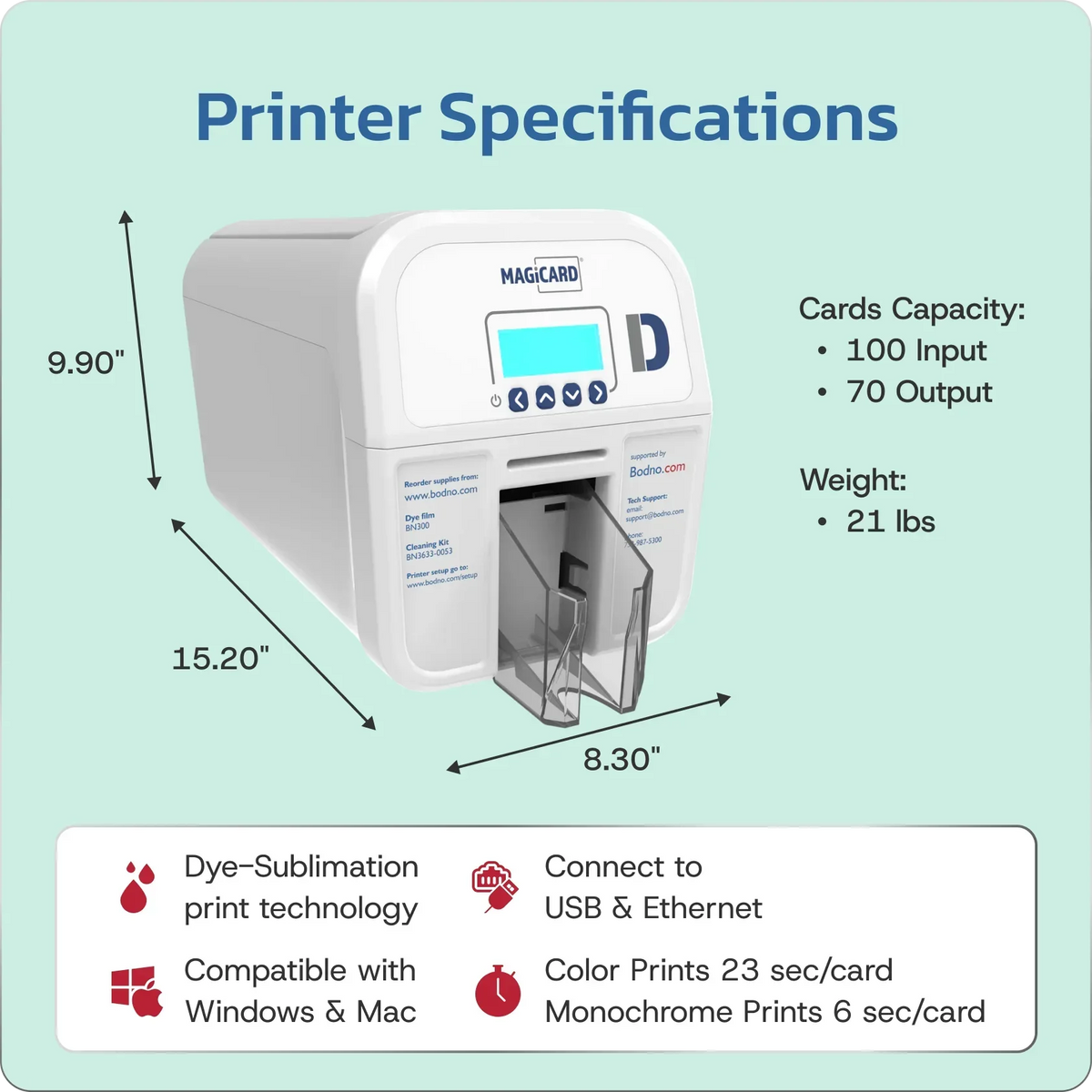 MAGICARD ID card printer with dye-sublimation tech, USB/Ethernet, Windows & Mac compatible, 21 lbs