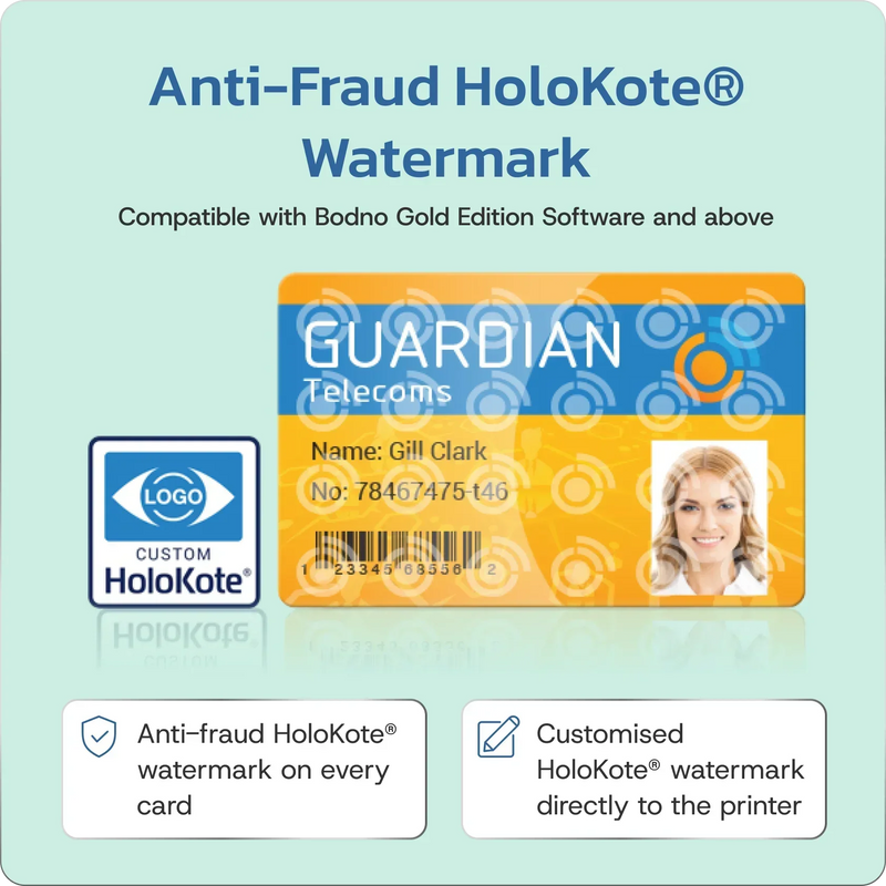Anti-fraud HoloKote watermark ID card with custom logo and security features for secure printing