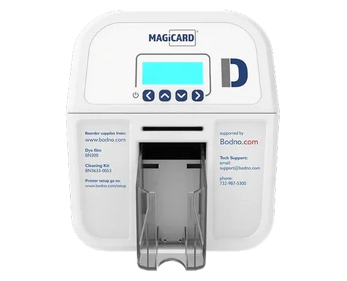 Magicard ID card printer with LCD screen and card output slot, for business and school use