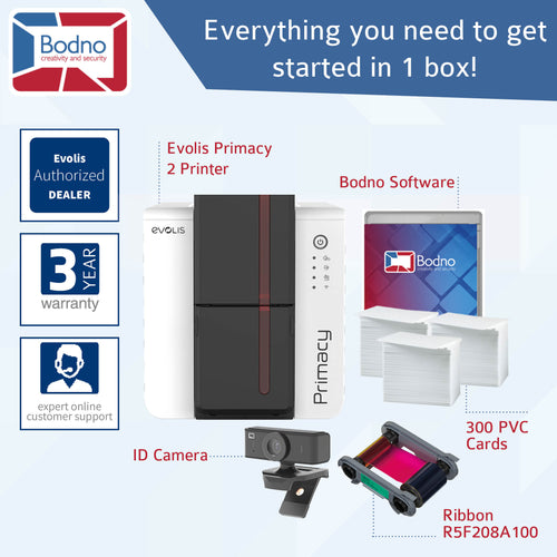 Evolis Primacy 2 Dual Sided ID Card Printer & Complete Supplies Package with Bodno ID Software
