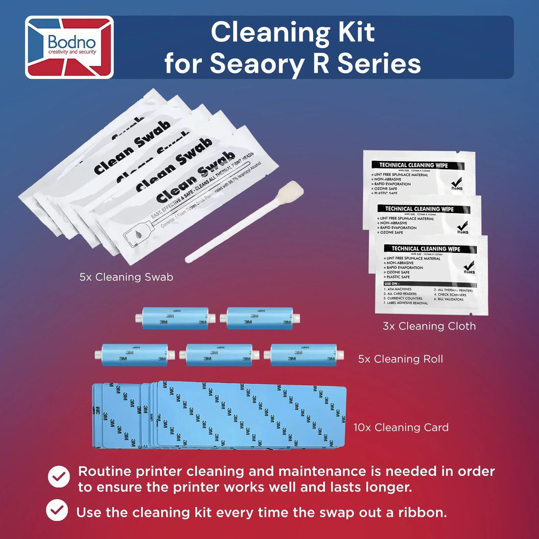 Bodno CC002 cleaning kit for Seaory R-Series printers with swab, cloth, roller and cleaning card