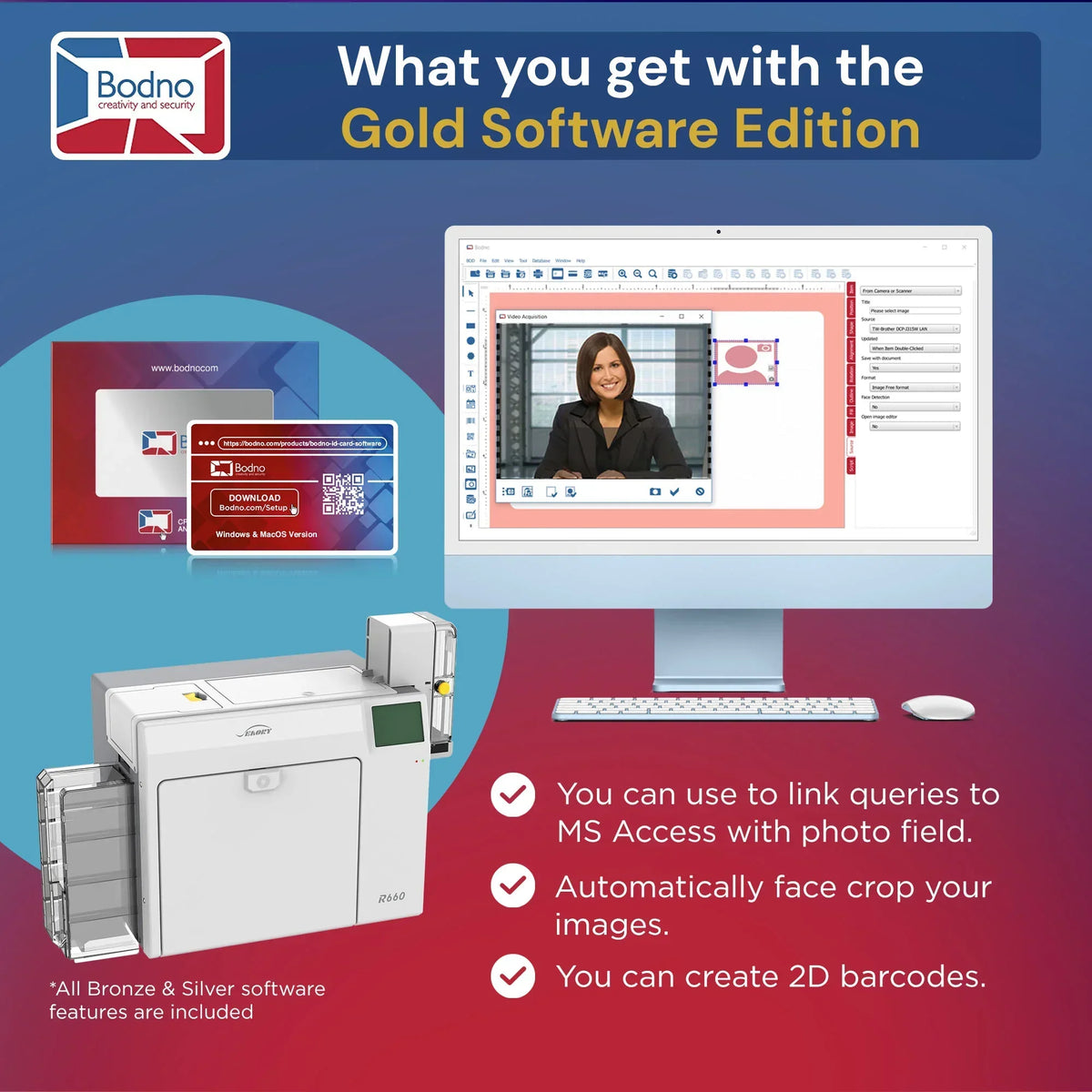 ID card printer with Gold Software Edition for face crop, 2D barcodes, and MS Access integration