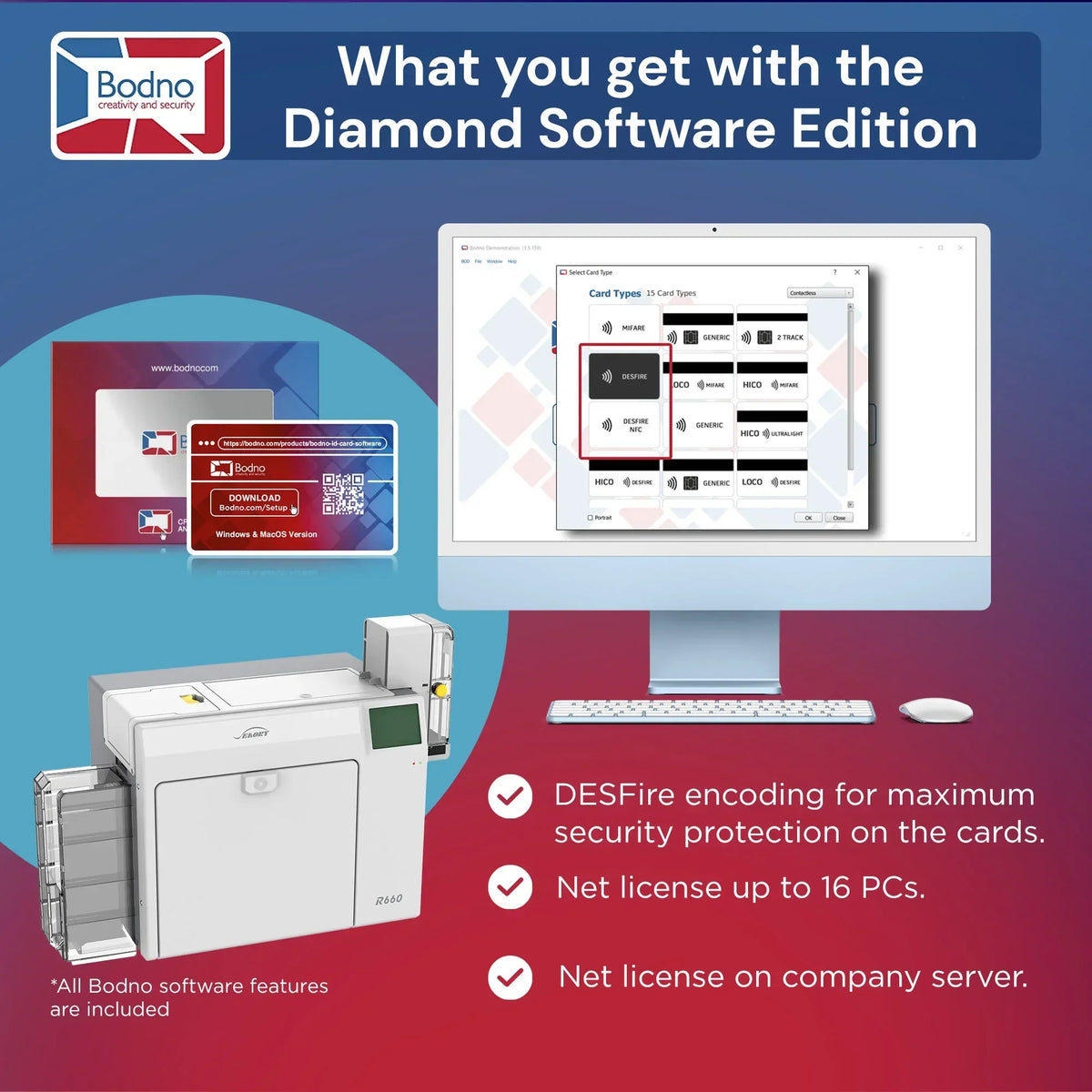 Diamond Software Edition for ID card printers with DESFire encoding, net license for 16 PCs, and server support