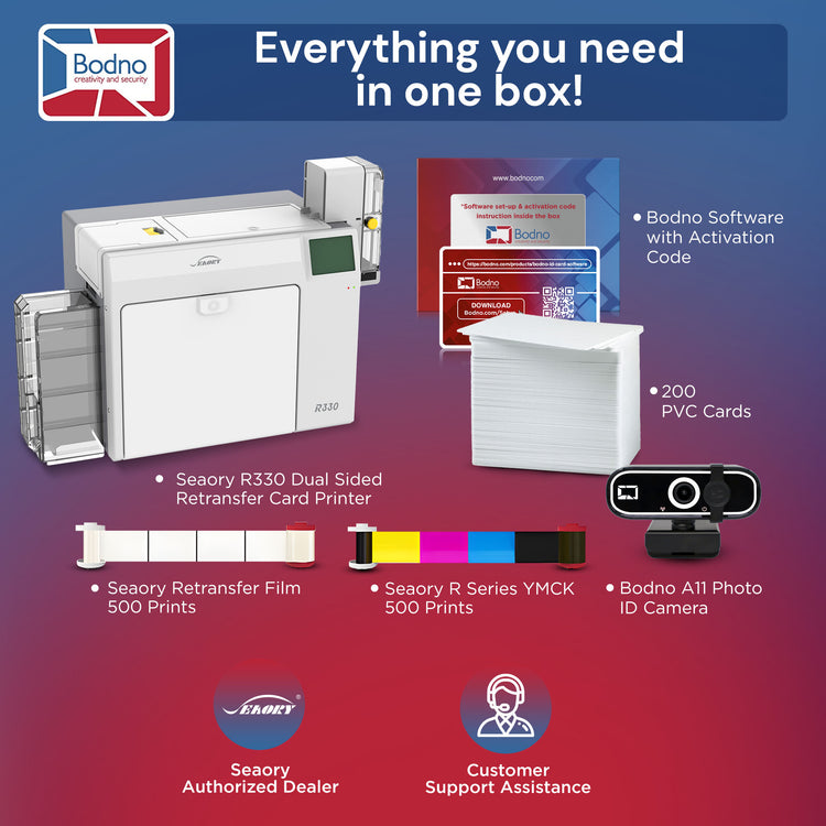 Seaory R330 Retransfer Dual Sided ID Card Printer & Complete Supplies Package with Bodno ID Software - Bronze Edition