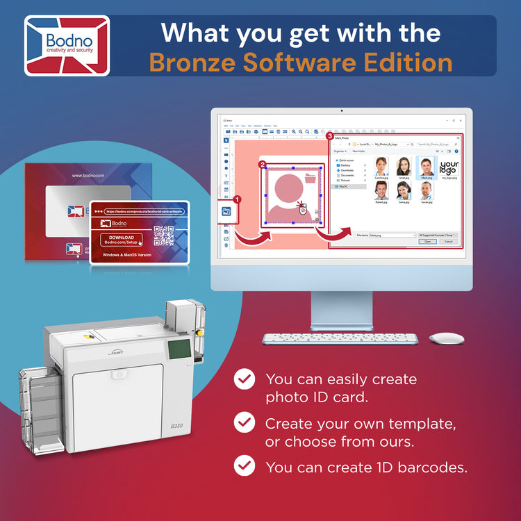 Seaory R330 Retransfer Dual Sided ID Card Printer & Complete Supplies Package with Bodno ID Software - Bronze Edition