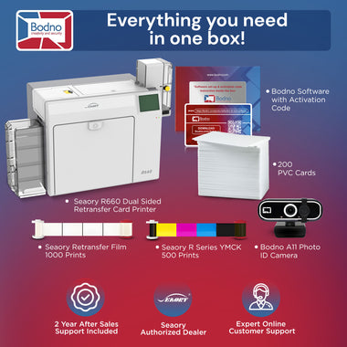 Seaory R600 Retransfer Dual Sided ID Card Printer & Complete Supplies Package with Bodno ID Software - Bronze Edition