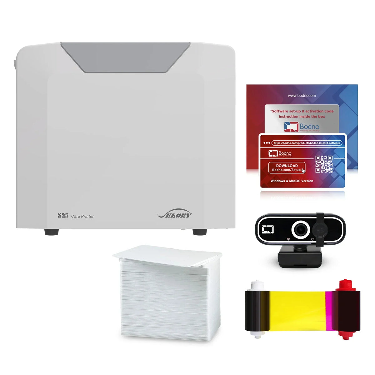 S25 ID card printer with software, webcam, blank cards, and color ribbon for business or school use