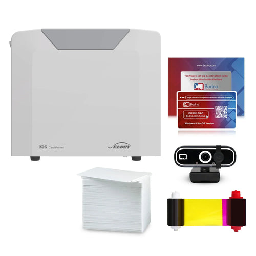 S25 ID card printer with software, webcam, blank cards, and color ribbon for business or school use