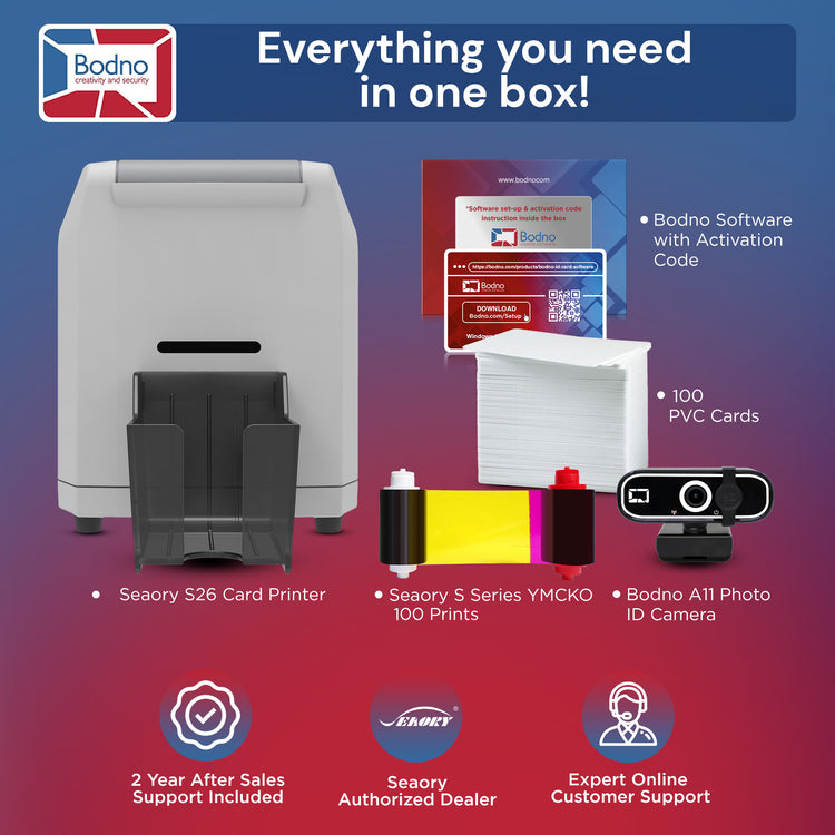 Seaory S26 Single Sided ID Card Printer & Complete Supplies Package with Bodno ID Software - Bronze Edition