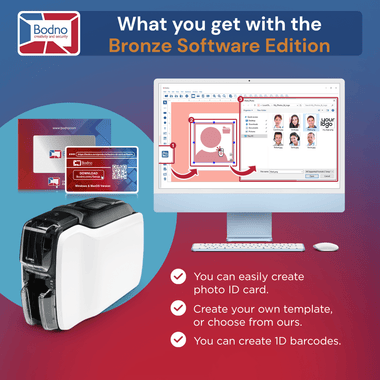 Zebra ZC100 Single Sided ID Card Printer & Complete Supplies Package with Bodno Bronze Edition ID Software