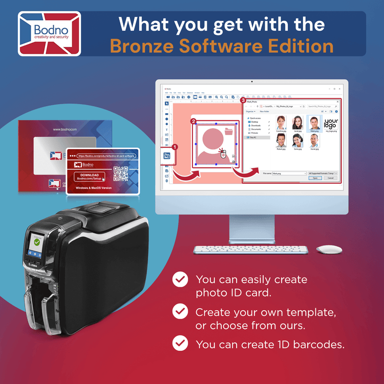 Zebra ZC350 Single Sided ID Card Printer & Complete Supplies Package with Bodno Bronze Edition ID Software 
