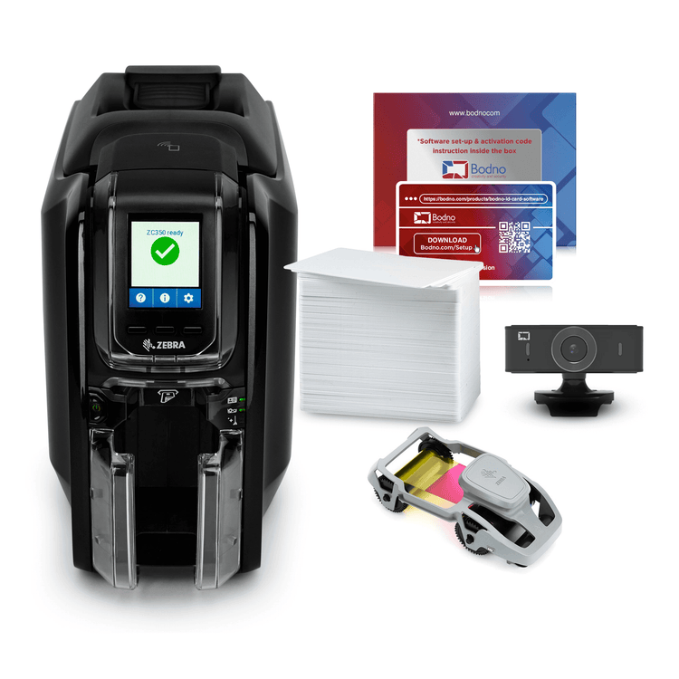 Zebra ZC350 Single Sided ID Card Printer & Complete Supplies Package with Bodno Bronze Edition ID Software 