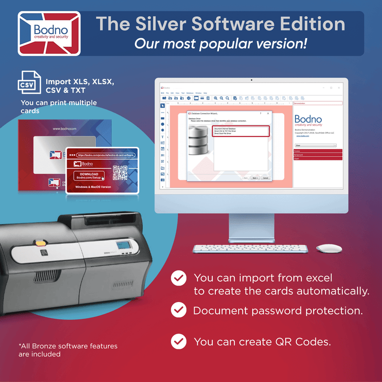 Zebra ZXP Series 7 Dual Sided ID Card Printer & Complete Supplies Package with Bodno Silver Edition ID Software 