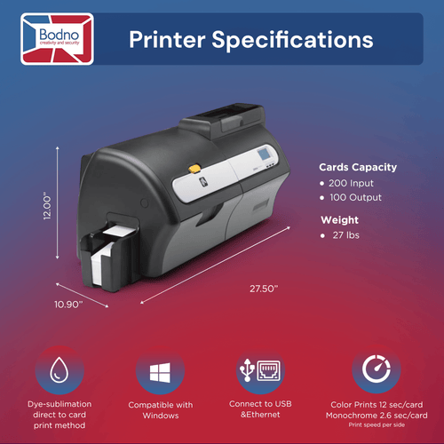 Zebra ZXP Series 7 Dual Sided ID Card Printer & Complete Supplies Package with Bodno Bronze Edition ID Software 