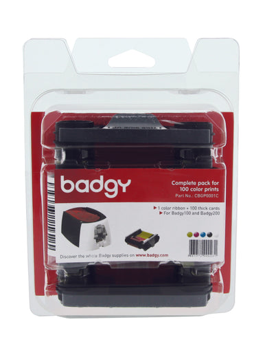 Evolis Badgy CBGP0001C  Color Ribbon - YMCKO - 100 Prints With 100 Bodno Premium Cards Premium CR80 30 Mil Graphic Quality PVC Cards