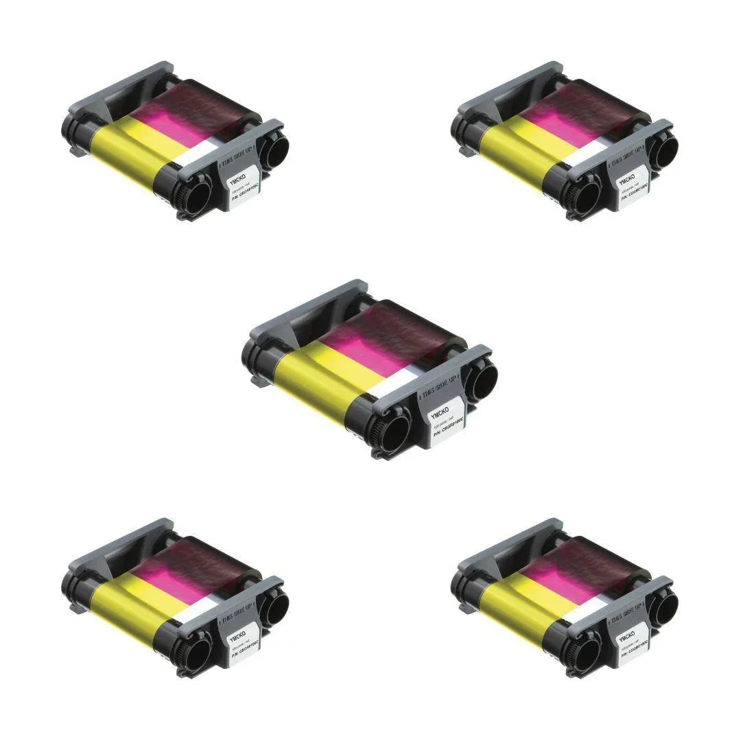 Five YMCKO ID card printer ribbons for high-quality badge printing
