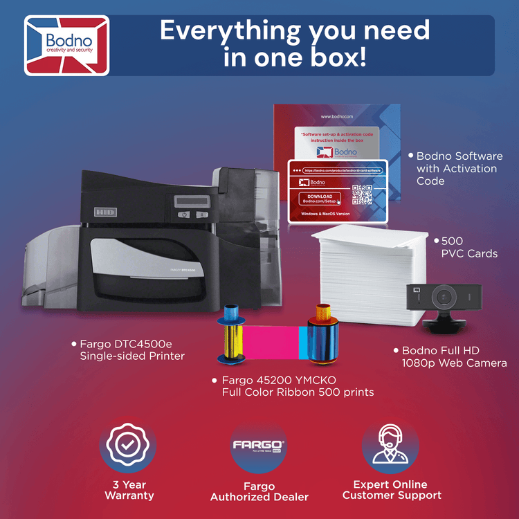 Fargo DTC4500e Single Sided  ID Card Printer & Complete Supplies Package with Bodno Bronze Edition ID Software 