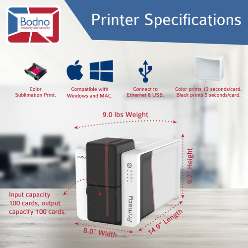 Evolis Primacy 2 Dual Sided ID Card Printer & Complete Supplies Package with Bodno ID Software