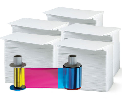 Fargo 84051 Color Ribbon - YMCK - 500 prints ,  With 500 Bodno Premium Cards Premium CR80 30 Mil Graphic Quality PVC Cards