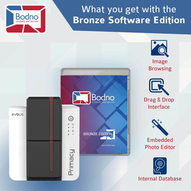 Evolis Primacy 2 Dual Sided ID Card Printer & Complete Supplies Package with Bodno ID Software