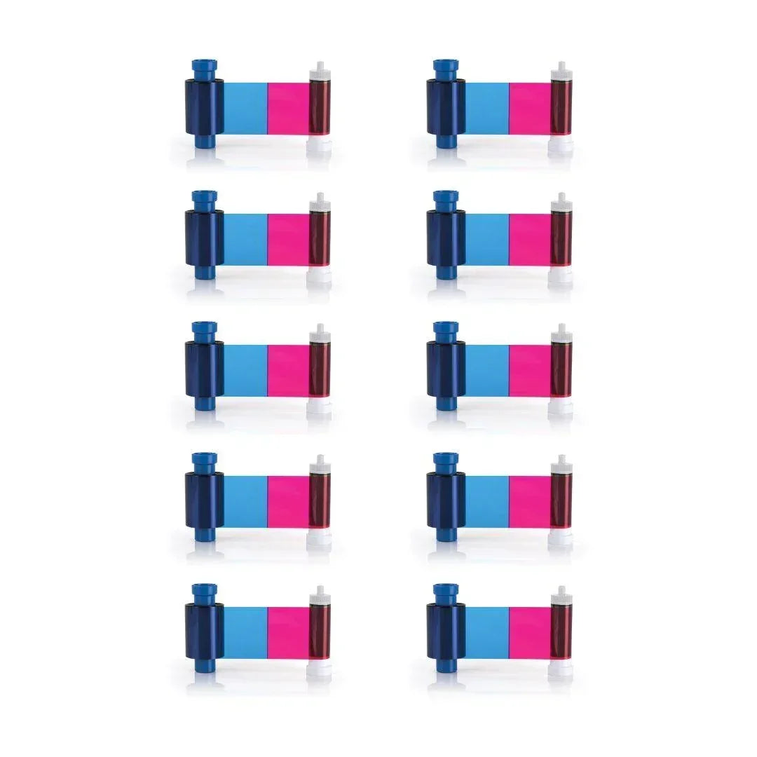 Ten ID card printer ribbons with blue, pink, and black panels for printing badges and credentials