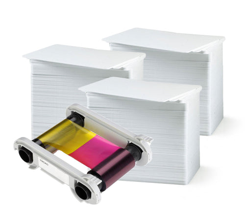 Evolis Primacy R5F008AAA Color Ribbon - YMCKO - 300 Prints With 300 Bodno Premium Cards Premium CR80 30 Mil Graphic Quality PVC Cards