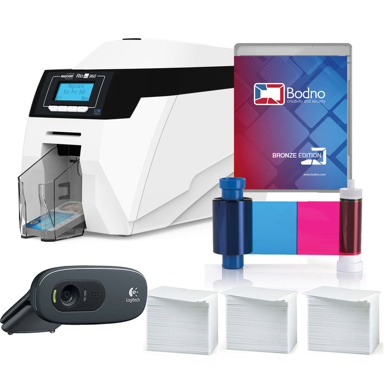 Magicard Rio Pro 360 Dual Sided ID Card Printer & Complete Supplies Package with Bodno Bronze Edition ID Software 
