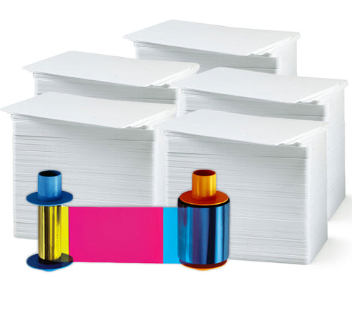 Fargo 45200 Color Ribbon - YMCKO - 500 prints With 500 Bodno Premium Cards Premium CR80 30 Mil Graphic Quality PVC Cards