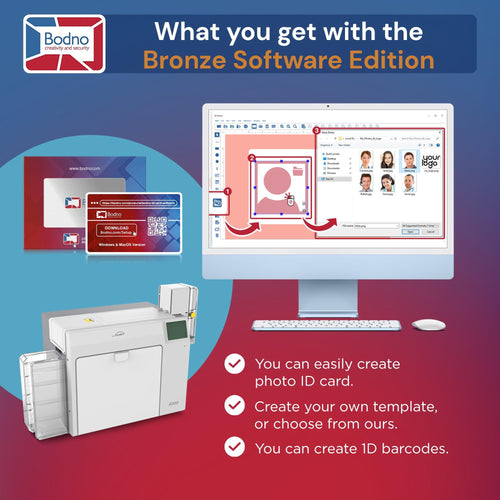 Seaory R300 Retransfer Dual Sided ID Card Printer & Complete Supplies Package with Bodno ID Software - Bronze Edition