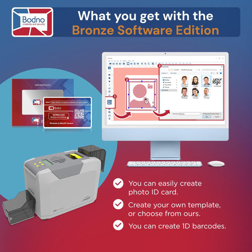 Seaory S26 Single Sided ID Card Printer & Complete Supplies Package with Bodno ID Software - Bronze Edition