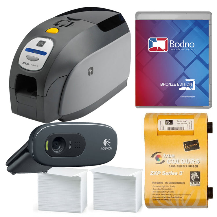 Zebra ZXP Series 3 Dual Sided ID Card Printer & Complete Supplies Package with Bodno Bronze Edition ID Software 